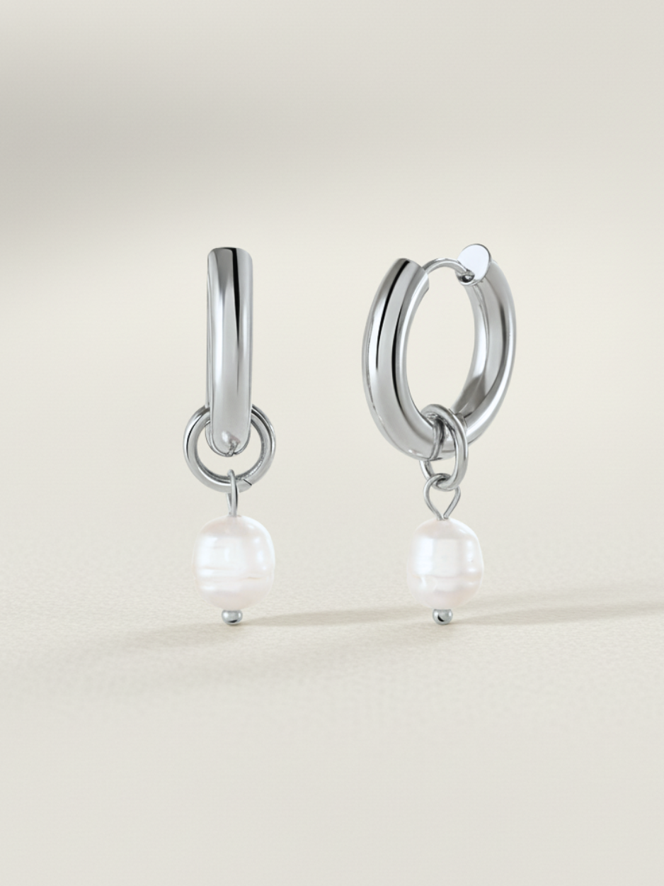 זוג עגילי חישוק פנינה כסף