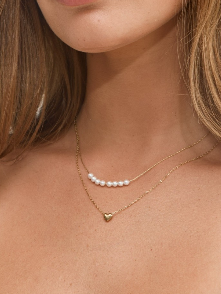 שרשרת פנינים לב כפולה זהב