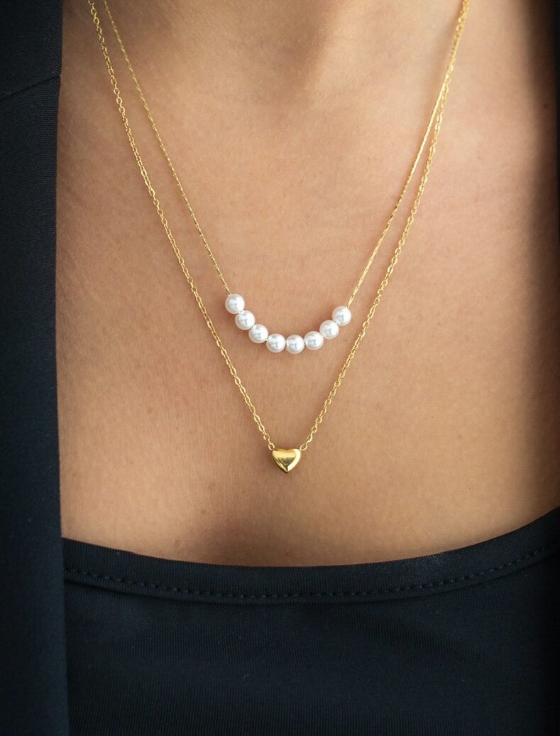 שרשרת פנינים לב כפולה זהב