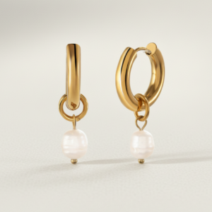 זוג עגילי חישוק פנינה זהב